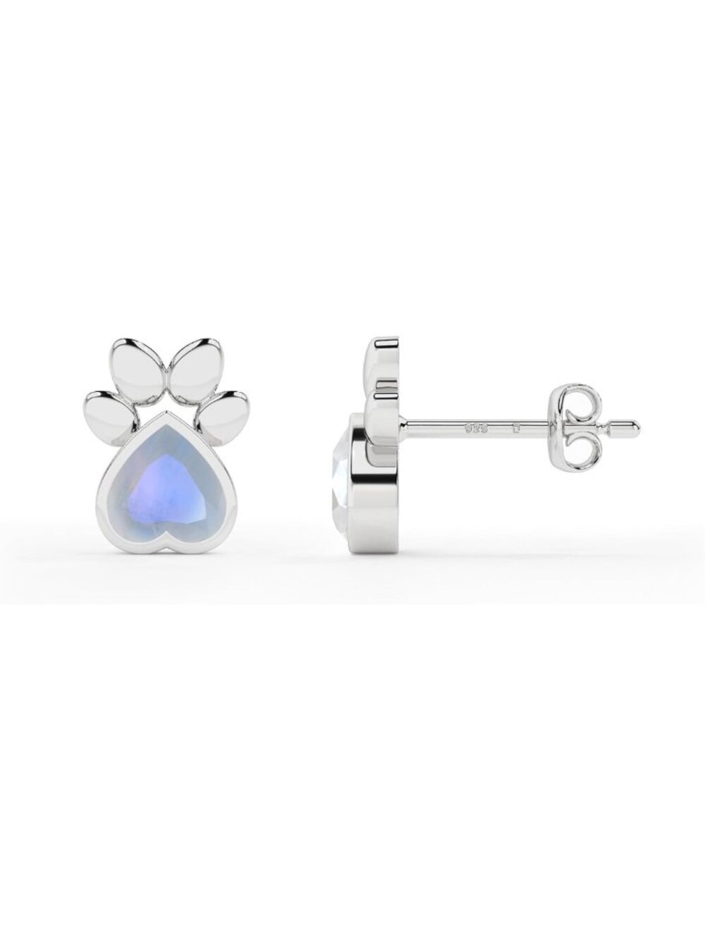 Heart-Shaped Natural Gemstone Paw Stud Earrings in Sterling Silver - Perfect